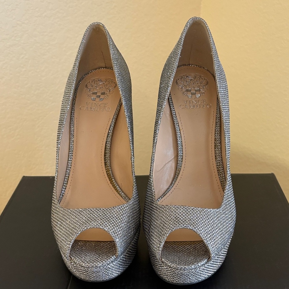 Vince Camuto Shimmering Silver Peep-Toe Heels